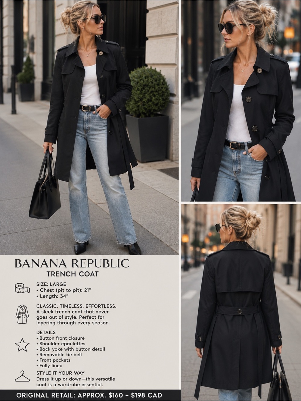 Banana Republic Black Trench Coat with Removable Belt
